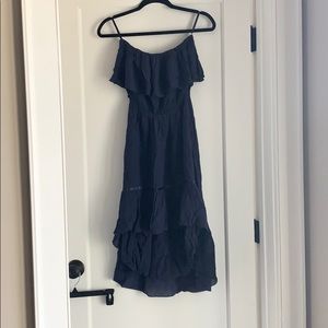 Navy blue high low off shoulder dress